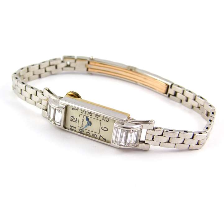 Art Deco rectangular platinum and baguette diamond lady's wristwatch